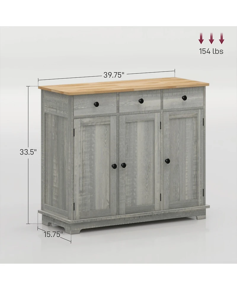 Sideboard with Solid Wood Countertop, Modern Kitchen Storage Cabinet, Coffee Bar Cabinet with 3 Drawers, Doors and Adjustable Shelf, Distressed Light