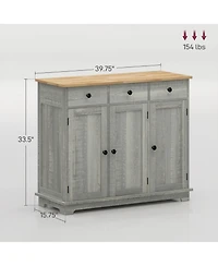 Sideboard with Solid Wood Countertop, Modern Kitchen Storage Cabinet, Coffee Bar Cabinet with 3 Drawers, Doors and Adjustable Shelf, Distressed Light