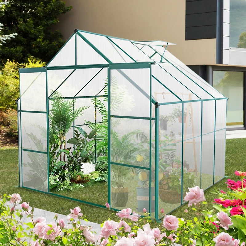 8x8 Ft Double Door Polycarbonate Greenhouse Raised Base and Anchor Aluminum Heavy Duty Walk-in Greenhouses for Outdoor Backyard in All Season, Green
