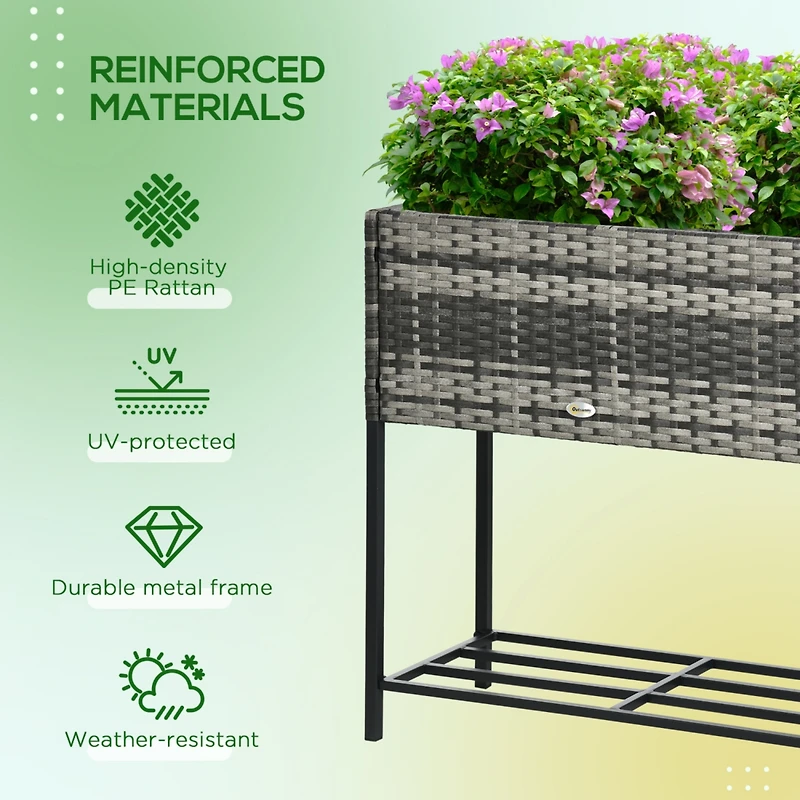 Raised Garden Bed, Elevated Planter Box with Rattan Wicker Look, Tool Storage Shelf, Portable Design for Herbs, Vegetables, Flowers, Gray
