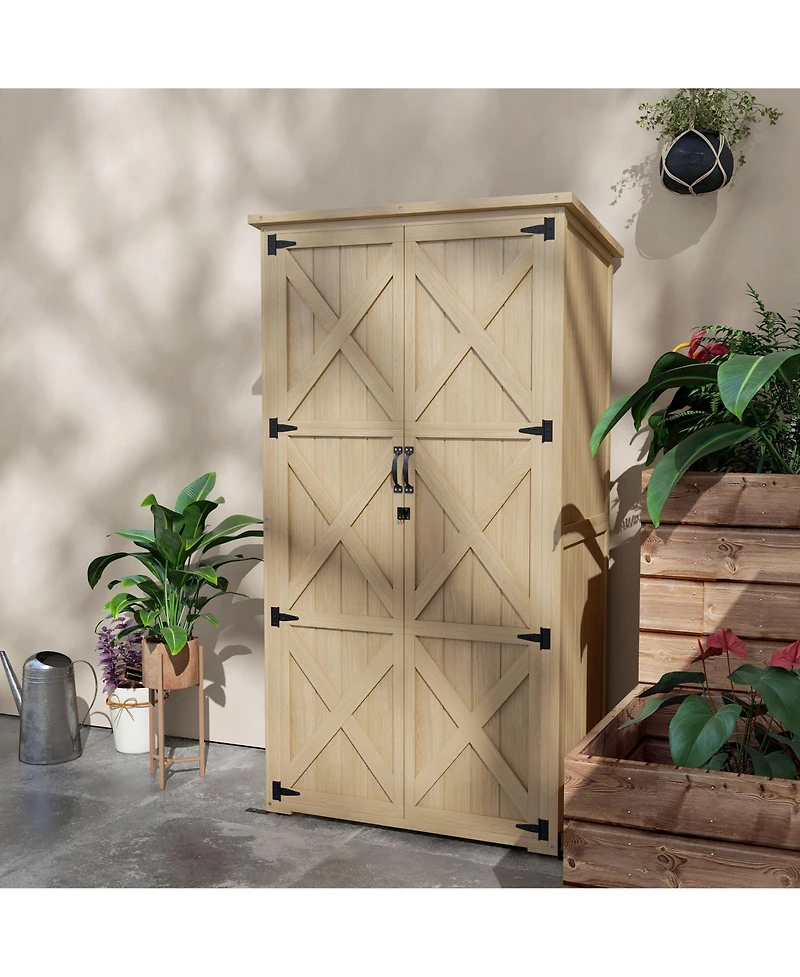 Wooden Garden Shed, Outdoor Storage Cabinet with Waterproof Asphalt Roof, Narrow Tool Shed with Shelves and Lockable Doors, Natural