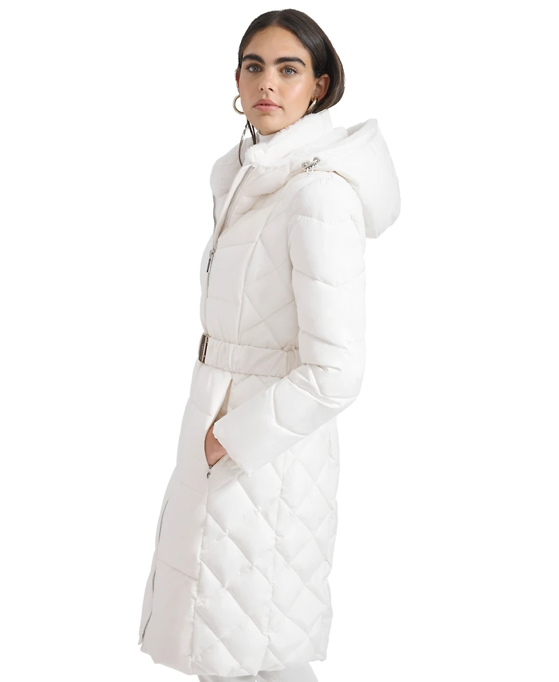 Calvin Klein Women's Diamond Quilted Side Belted Hooded Puffer Coat