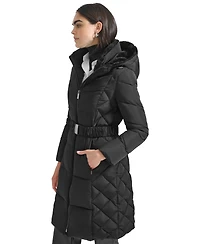 Calvin Klein Women's Diamond Quilted Side Belted Hooded Puffer Coat