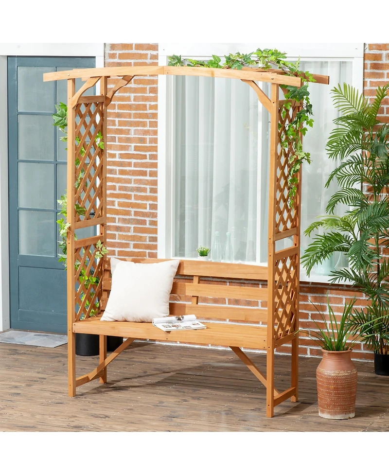 Patio Garden Bench Arbor Arch with Pergola and 2 Trellises, 3 Seat Natural Wooden Outdoor Bench for Grape Vines & Climbing Plants, Backyard Decor, Bro