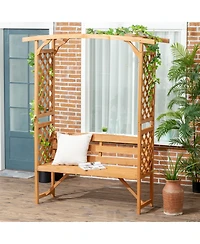 Patio Garden Bench Arbor Arch with Pergola and 2 Trellises, 3 Seat Natural Wooden Outdoor Bench for Grape Vines & Climbing Plants, Backyard Decor, Bro