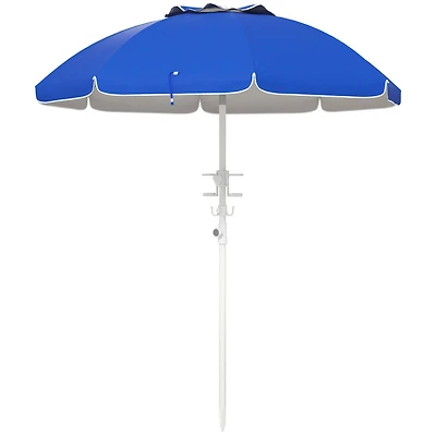 5.7' Portable Beach Umbrella with Tilt, Adjustable Height, 2 Cup Holders & Hooks, Uv 40+ Ruffled Outdoor Umbrella with Vented Canopy, Blue