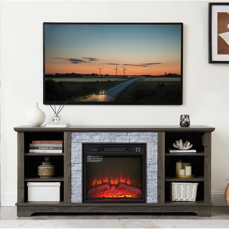 Streamdale Furniture Mantel Electric Fireplace Stone Tv Media Stand with Faux Stacked Stone Surround, Modern Entertainment Console with Open Storage S
