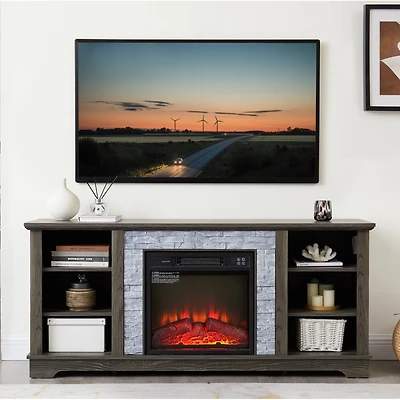 Streamdale Furniture Mantel Electric Fireplace Stone Tv Media Stand with Faux Stacked Stone Surround, Modern Entertainment Console with Open Storage S