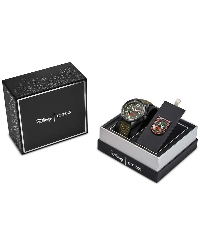 Citizen Eco-Drive Men's Disney Alpine Mickey Mouse Explorer Green Khaki Strap Watch 42mm Boxed Set
