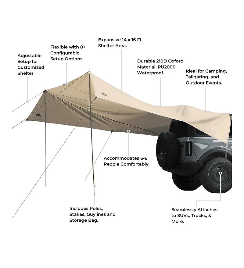 Nomad Nest Suv Tailgate Tarp Tent – 14x16 ft Waterproof Car Camping Canopy for Trucks, Jeeps, Hatchbacks & Vans – Easy Setup with Poles,