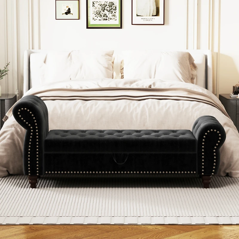 64.5" Bed Bench for Bed Room Nails Tufted Chaise of Lounge with Storage Velvet Upholstery Black