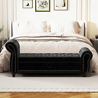 64.5" Bed Bench for Bed Room Nails Tufted Chaise of Lounge with Storage Velvet Upholstery Black