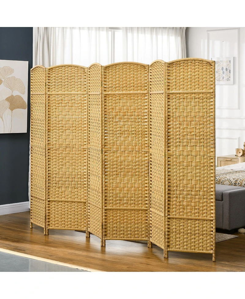 6 Panel Room Divider, 6' Tall Folding Privacy Screen, Hand-Woven Freestanding Wall Partition for Home Office, Bedroom, Nature Wood