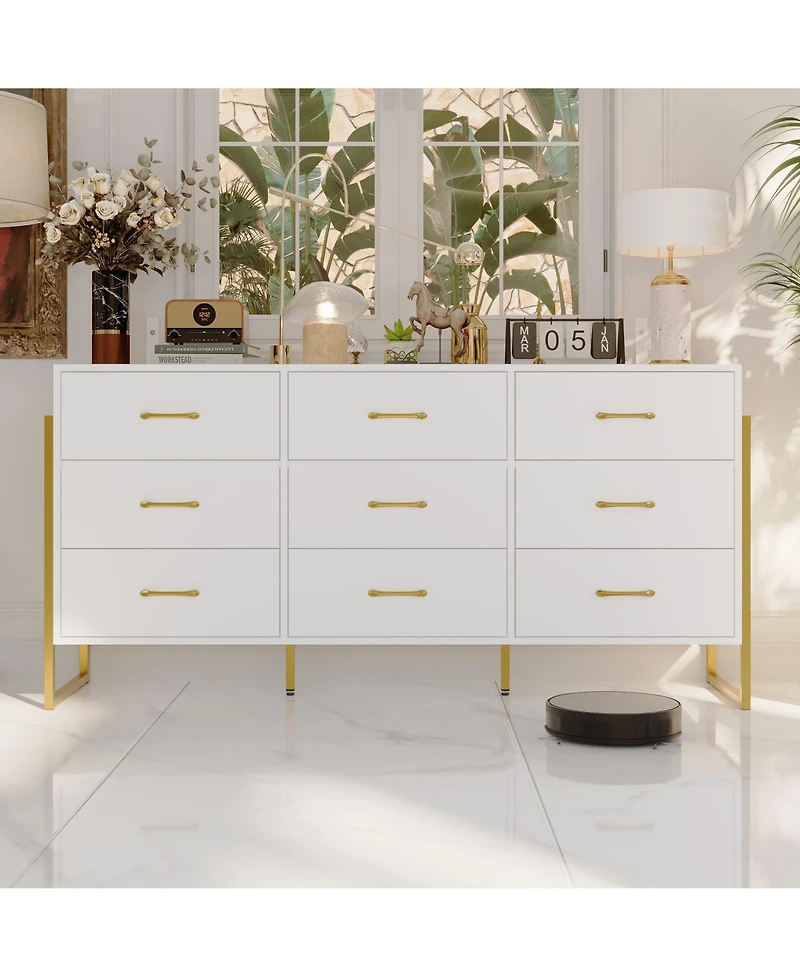 Homsee White and Golden 9-Drawers Wooden Dresser without Mirror
