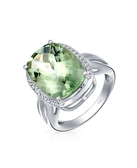 Bling Jewelry 6CT Cushion Cut Zircon Accented Light Green Solitaire Statement Natural Prasiolite Ring For Women Sterling Silver Split Shank