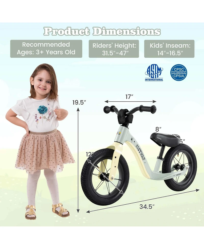 12 Inch Toddler Balance Bike No Pedal Training Bicycle withAdjustable Seat Height