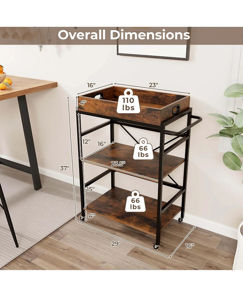 3-Tier Bar Cart with Detachable Tray 4 Lockable Casters & 1 Handy Handle