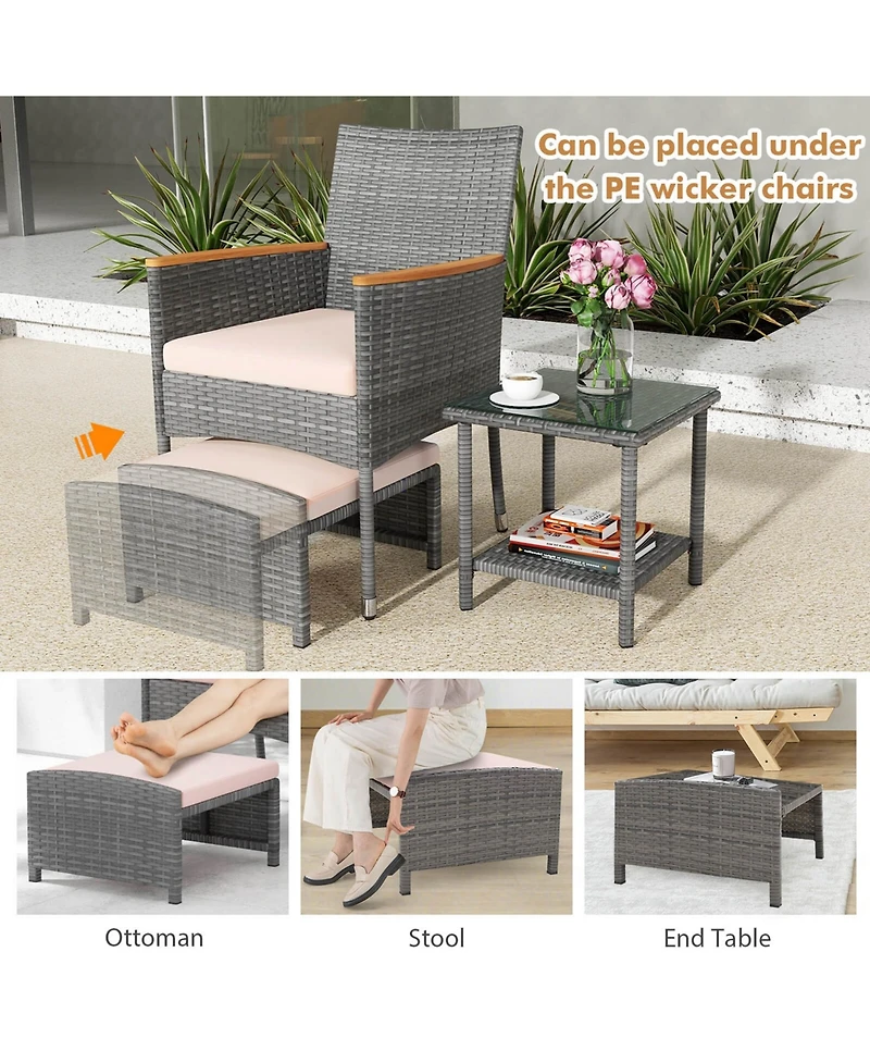 Costway 5 Pcs Patio Conversation Set with Soft Cushions Ottomans & Tempered Glass Top Table