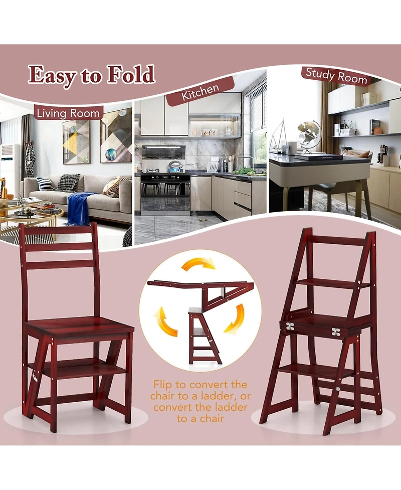 Costway Toddler 3-Step Folding Step Ladder Chair with Bamboo Frame Convertible Stool Reddish