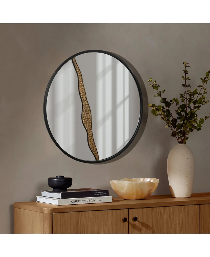 LuxenHome Goldrush Black Metal Frame Round Wall Mirror