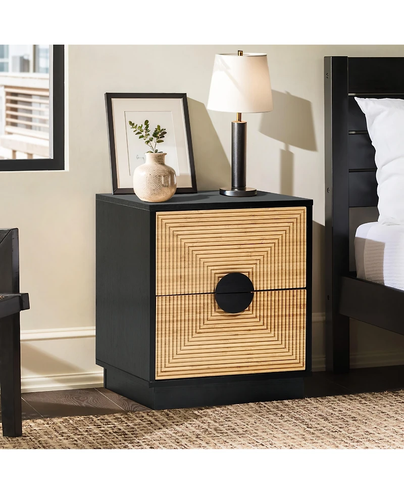 LuxenHome Mid Century Modern Boho 2-Drawer Black Night Stand Small Side Table with Storage