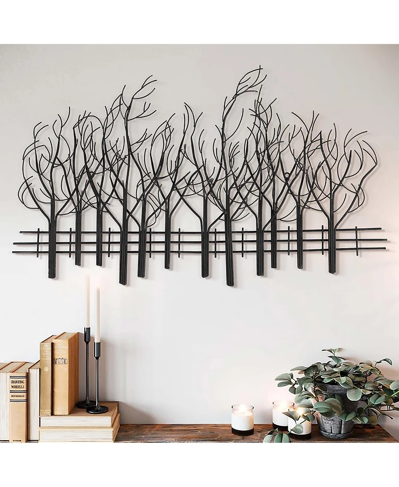 LuxenHome Snowy Black Metal Field of Trees Wall Decor