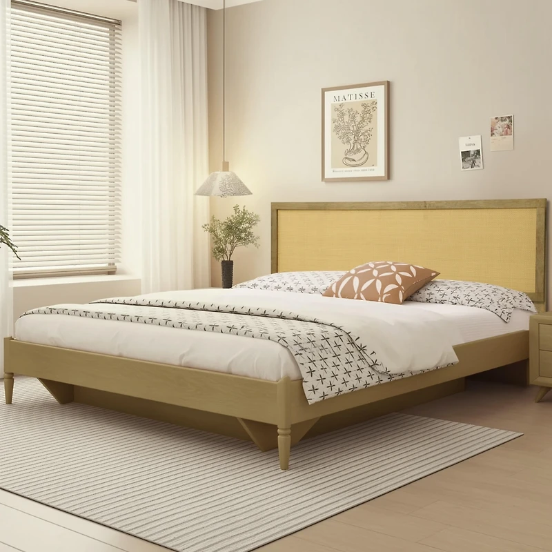 LuxenHome Natural Finish Rubberwood with Rattan Panel Headboard, Queen