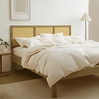 LuxenHome Natural Finish Rubberwood with Rattan Panels Headboard