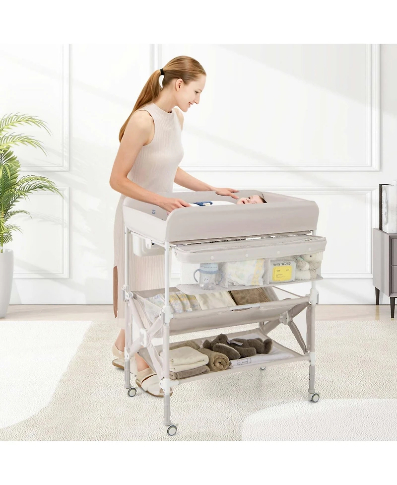Costway Portable Baby Changing Table with Wheels Adjustable Height Large Storage Rack