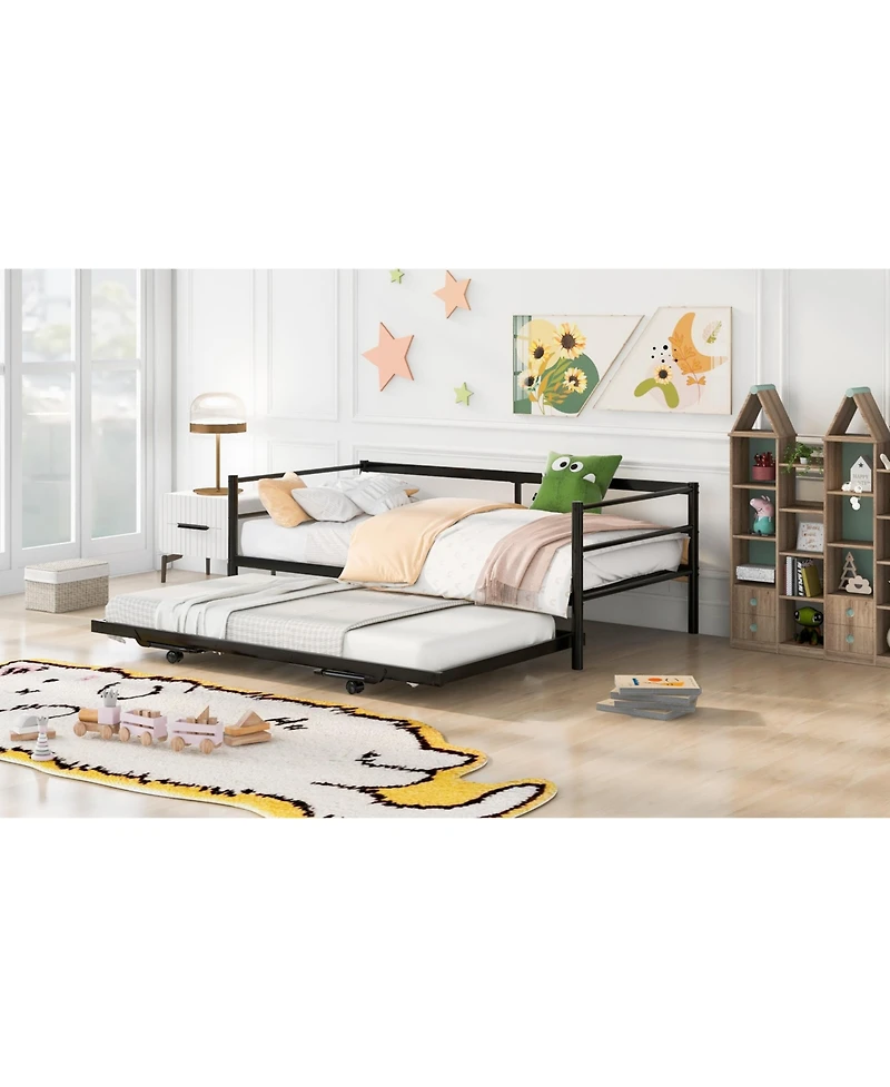 Metal Daybed with Pop-Up Trundle – Adjustable Guest Bed Frame for Small Spaces & Sleepovers