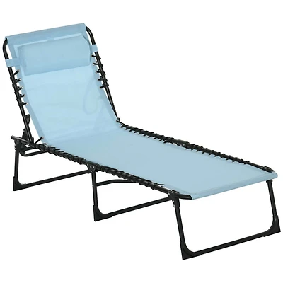 Folding Chaise Lounge Pool Chair, Patio Sun Tanning Chair, Outdoor Lounge Chair w/ 4-Position Reclining Back, Pillow, Breathable Mesh & Bungee Seat fo