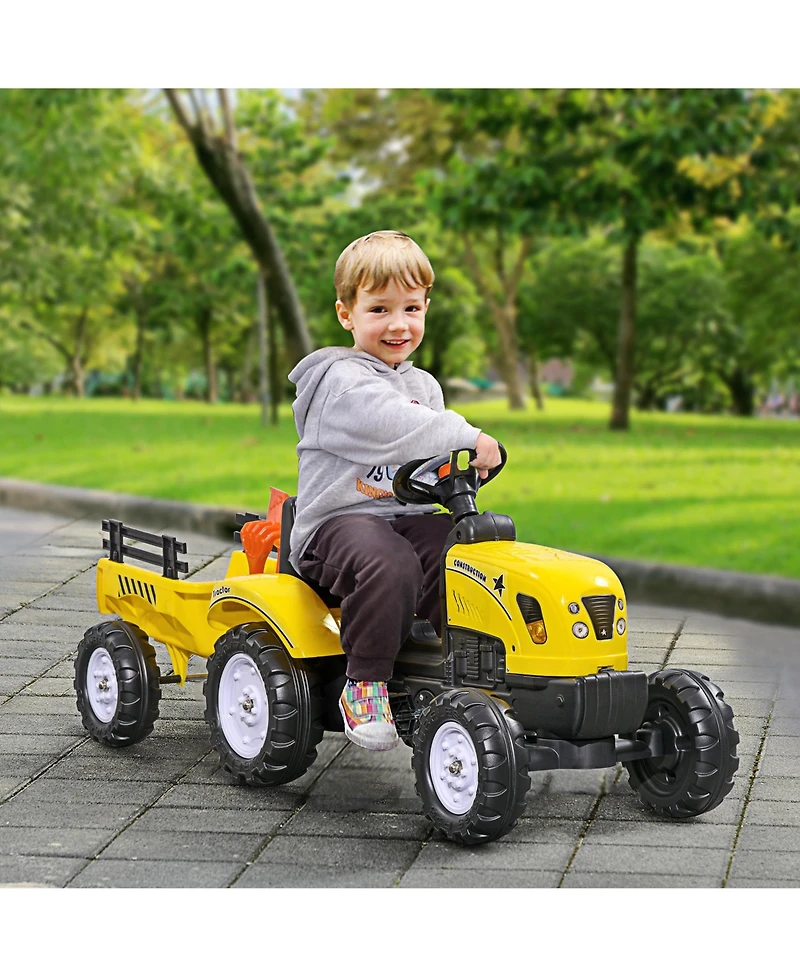 Kids Ride on Farm Tractor, Manual Pedal Ride on Car with Back Storage Trailer, Shovel & Rake, Horn for Age 3 Years Old, Yellow