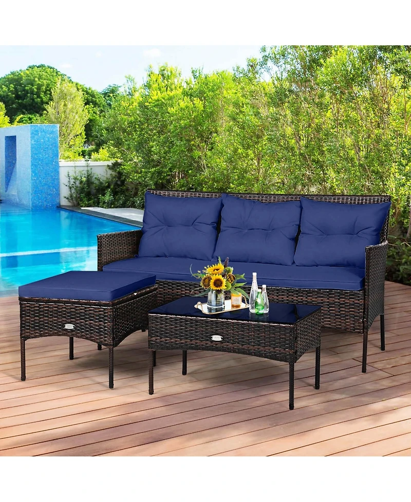 Costway 3PCS Patio Rattan Furniture Set 3-Seat Sofa Cushioned Table Garden