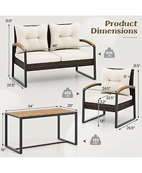 4 Pcs Patio Conversation Set with Coffee Table Solid Acacia Wood Armrests Tabletop