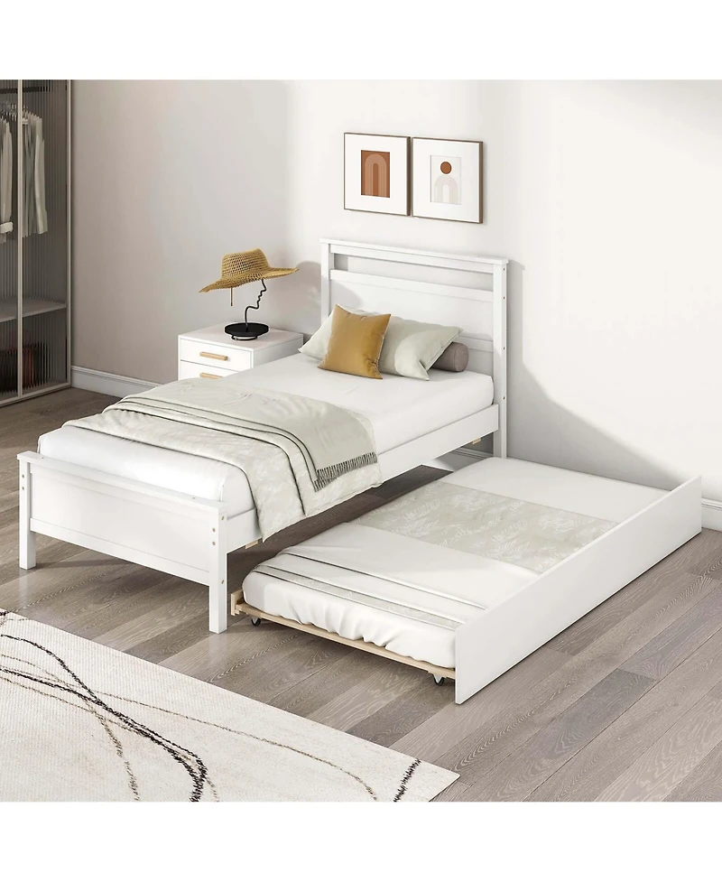 Twin Platform Bed with Trundle Pull-out Headboard & Footboard