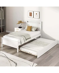 Twin Platform Bed with Trundle Pull-out Headboard & Footboard