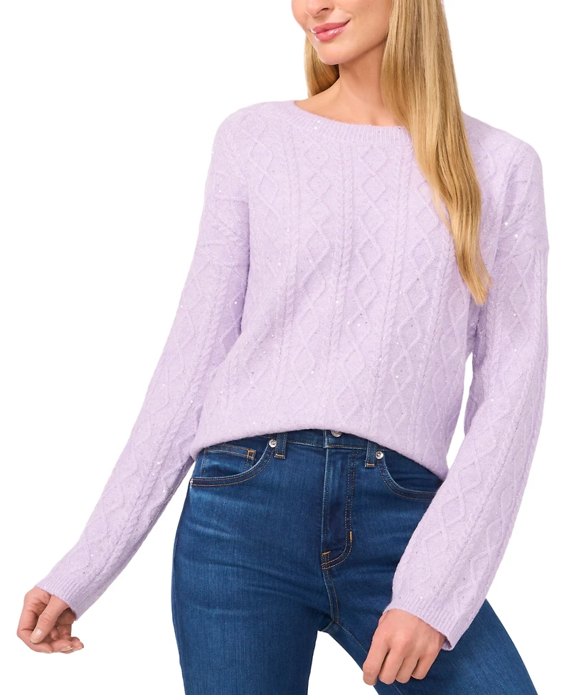 CeCe Women's Embellished Cable-Knit Pullover Sweater