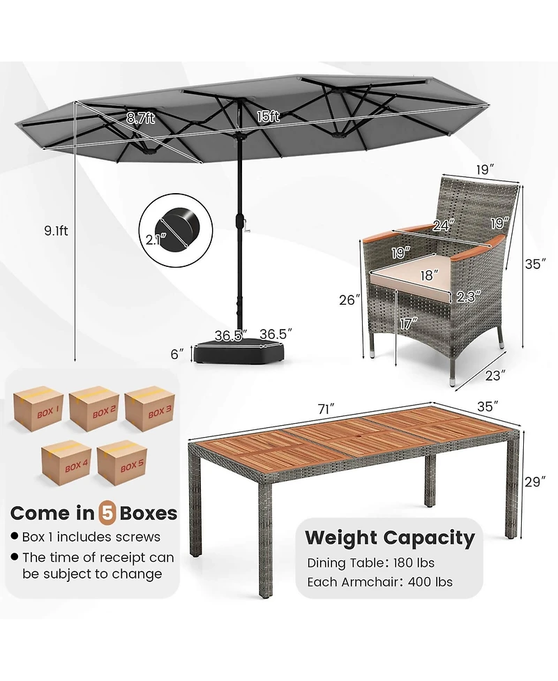 Costway 10 Pieces Patio Wicker Dining Set with Double-Sided Umbrella 8 Armchairs