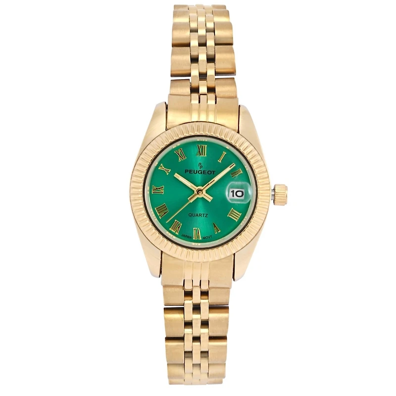 Peugeot Women's Gold-Tone 25mm Fluted Bezel Steel Bracelet Watch with Green Dial