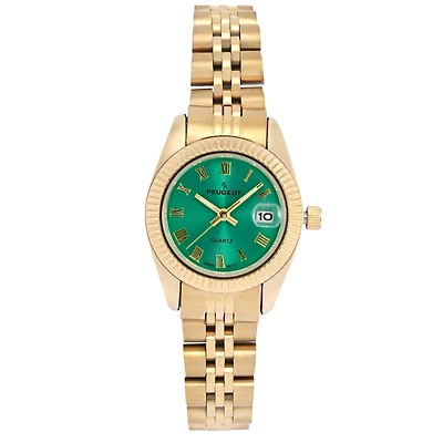 Peugeot Women's Gold-Tone 25mm Fluted Bezel Steel Bracelet Watch with Green Dial