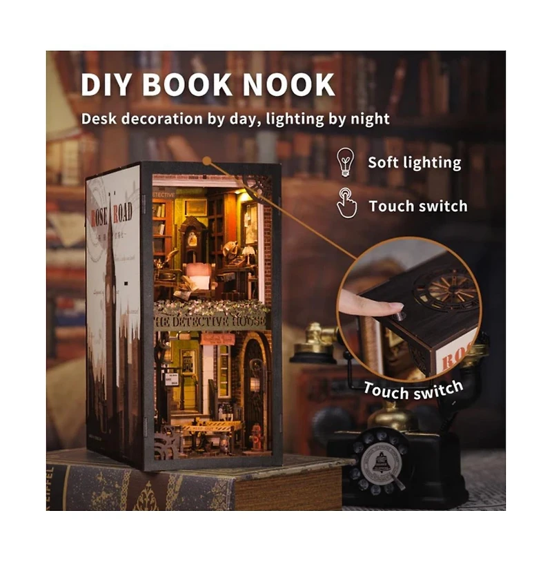 Cutebee Diy Book Nook Kit with Led Light Dust Cover Bookshelf Diy Miniature Kit Booknook Bookend Stand Bookcase Decor Alley (Rose Detective Agency