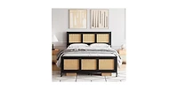 gaomon Queen Size Bed Frame with Rattan Headboard and Footboard, Rattan Platform Bed Frame, Mattress Foundation, No Box Spring Needed, Black