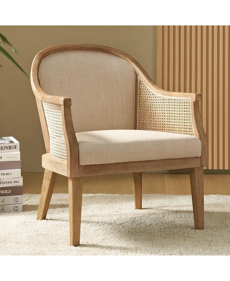 Hulala Home Werner Farmhouse Rattan Solid Wood Armchair with Olid Wood Frame and Legs