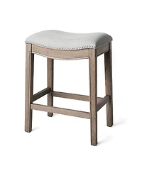 Maven Lane Adrien Saddle Counter Stool in Reclaimed Oak Finish w/ Ash Grey Fabric Upholstery