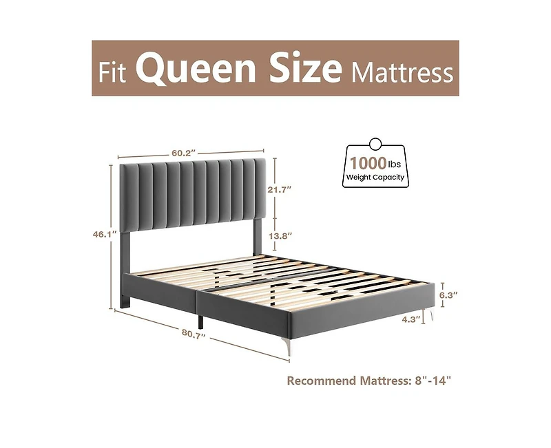 gaomon Bed Frame Modern Velvet Upholstered 11 Inch Bed Frame with Headboard No Box Spring Needed, Gray