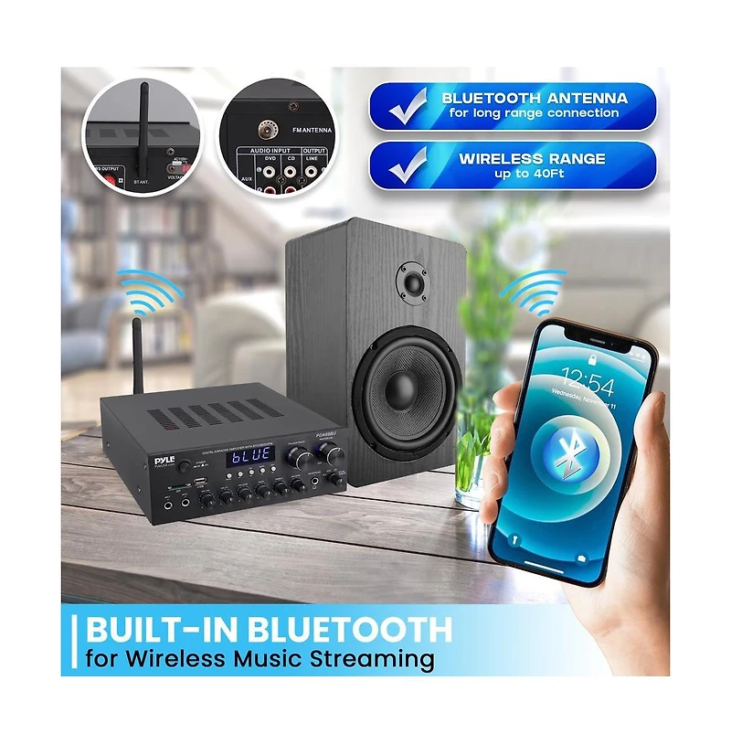 Pyle Stereo Amplifier Audio Receiver Sound System With Bluetooth Wireless Streaming, MP3/Usb/Sd/Aux/Fm Radio, 300 Watt