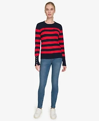 Nautica Jeans Women's Crewneck Stripe Sweater with Button Sleeve