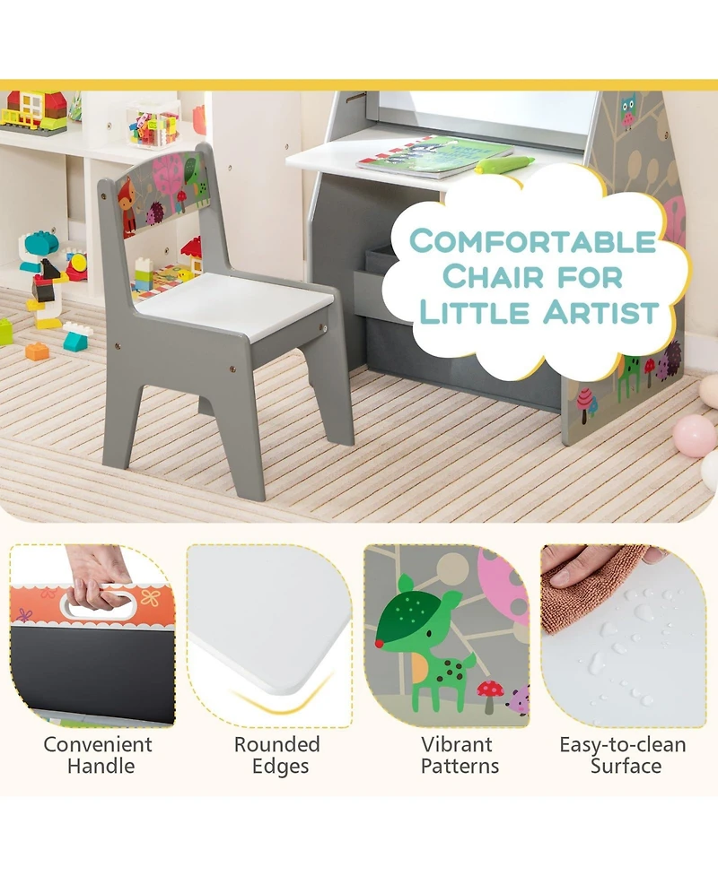 3 in 1 Kids Easel and Play Station Convertible with Chair and Storage Bins