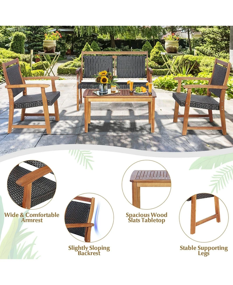 Sugift 4 Pieces Outdoor Patio Rattan Furniture Conversation Sets with Acacia Wood Frame