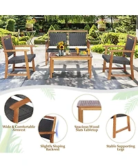 Sugift 4 Pieces Outdoor Patio Rattan Furniture Conversation Sets with Acacia Wood Frame